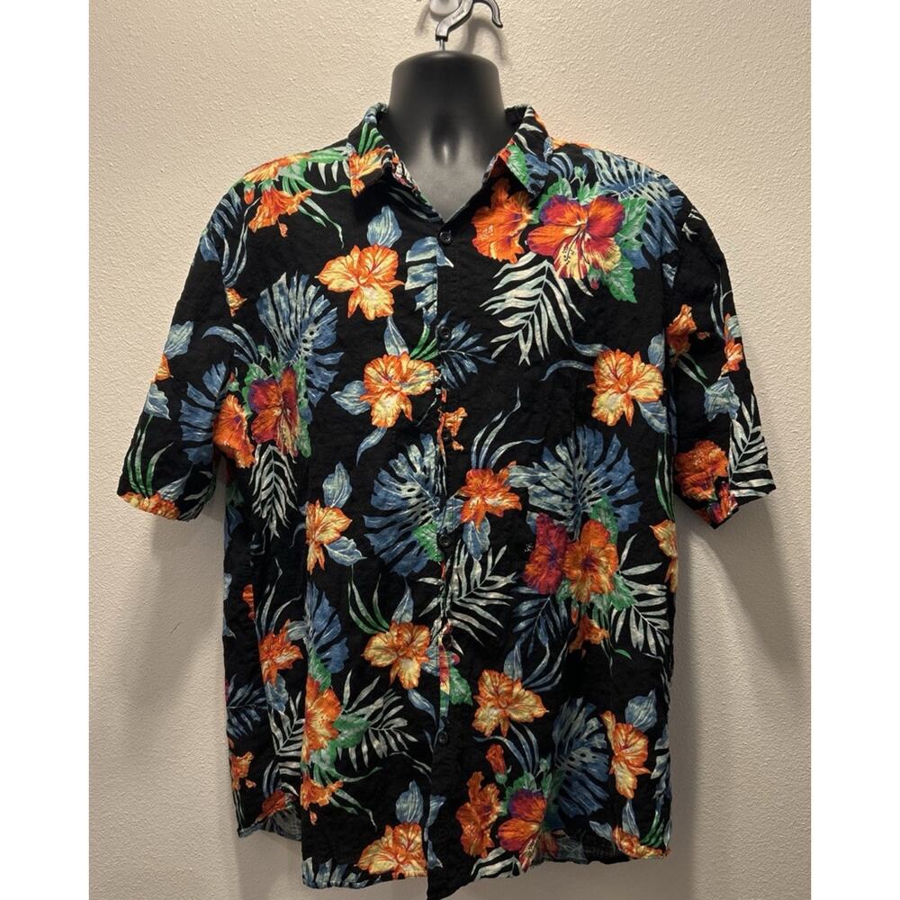 Jogal Hawaiian Shirt Mens XXL‎ Black Colorful Tropical Funky Palm Floral Beach